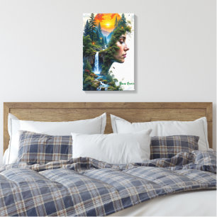 Surrealistisch natuurportret vrouw zonsondergang w canvas afdruk