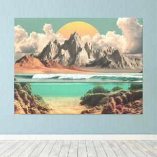 Surrealistisch oceaan- en berglandschap met golven canvas afdruk