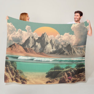 Surrealistisch oceaan- en berglandschap met golven fleece deken