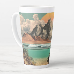 Surrealistisch oceaan- en berglandschap met golven latte mok