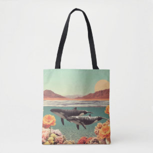 Surrealistisch oceaan scène met walvissen en koraa tote bag