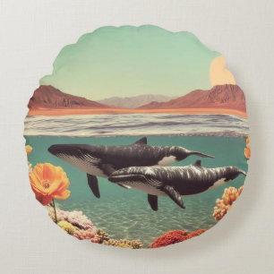 Surrealistisch oceaanzicht met walvissen en koraal rond kussen