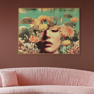 Surrealistisch onderwaterportret met koraalbloemen poster
