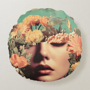Surrealistisch onderwaterportret met koraalbloemen rond kussen