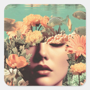 Surrealistisch onderwaterportret met koraalbloemen vierkante sticker