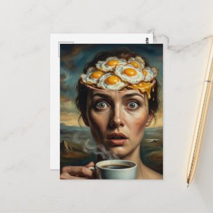 Surrealistisch ontbijt Eieren en koffie Vrouw Briefkaart