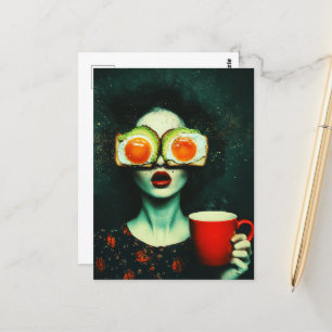 Surrealistisch ontbijt vrouw met een rode koffieko briefkaart