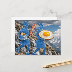 Surrealistisch ontbijt vrouw spek en eieren blauwd briefkaart