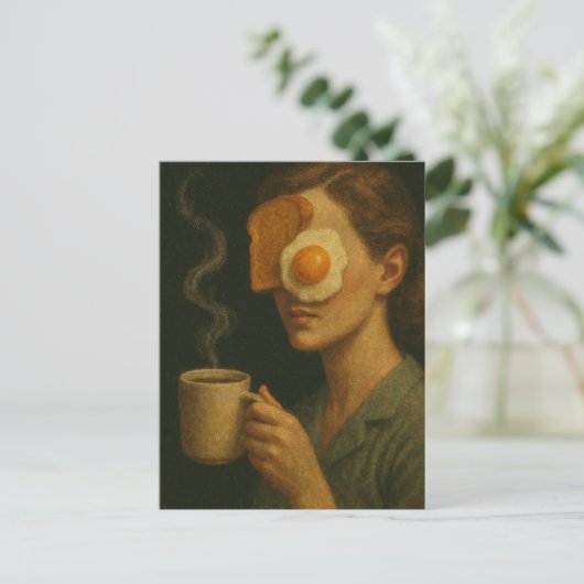 Surrealistisch ontbijt vrouw toast ei en koffie briefkaart (Staand voorkant)