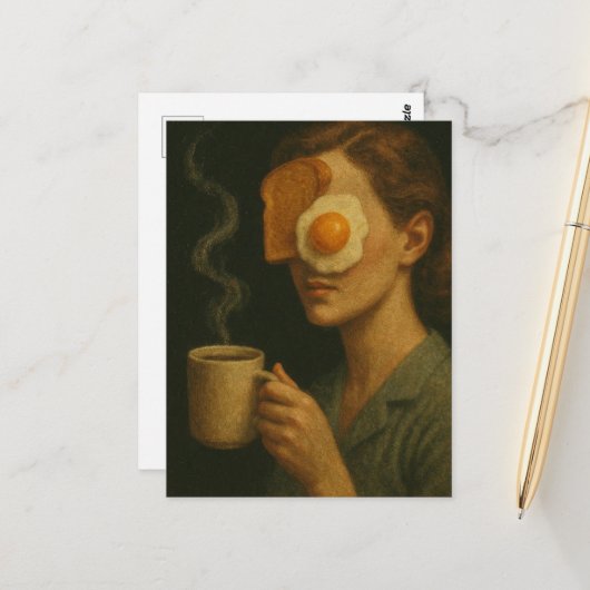 Surrealistisch ontbijt vrouw toast ei en koffie briefkaart (Voorkant / Achterkant in situ)