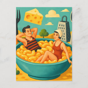 Surrealistisch paar zwemt in een kom Cheesy Noodle Briefkaart