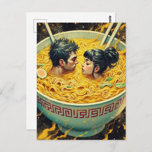 Surrealistisch paar zwemt in een kom met noedels briefkaart (Voorkant / Achterkant)