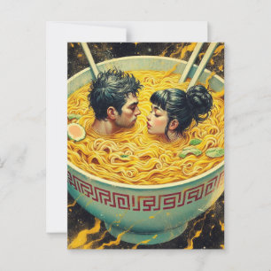 Surrealistisch paar zwemt in een kom met noedels briefkaart