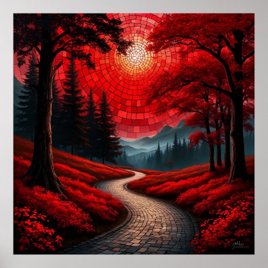 Surrealistisch pad door het levendige rode bos poster (Voorkant)