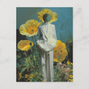 Surrealistisch persoon in gele papaver bloemen briefkaart