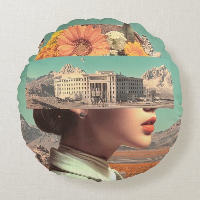 Surrealistisch Portret met Architecturaal Landscha Rond Kussen (Voorkant)