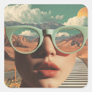 Surrealistisch Portret Met Bril Die Woestijn Weers Vierkante Sticker