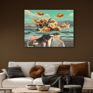 Surréalistisch Portret Met Goudvis Bloemen En Ocea Canvas Afdruk