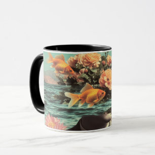 Surrealistisch Portret Met Goudvis Bloemen En Ocea Mok