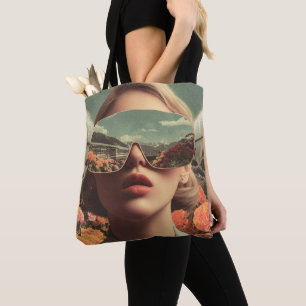 Surrealistisch Portret Met Zonnebril Die Bloem Wee Tote Bag