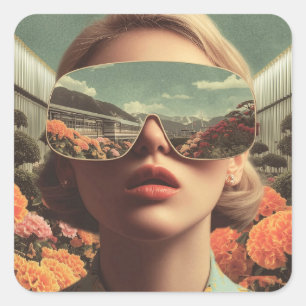 Surrealistisch Portret Met Zonnebril Die Bloem Wee Vierkante Sticker