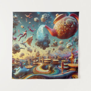Surrealistisch rijk van zwevende theepotten en onv wandkleed