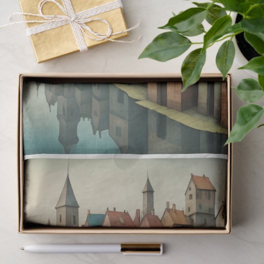 Surrealistisch rivierstadslandschap in pasteltinte tissuepapier (Geschenk)