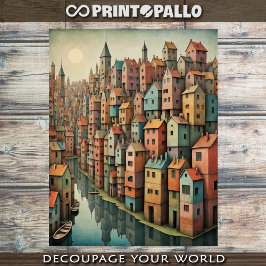 Surrealistisch rivierstadslandschap in pasteltinte tissuepapier