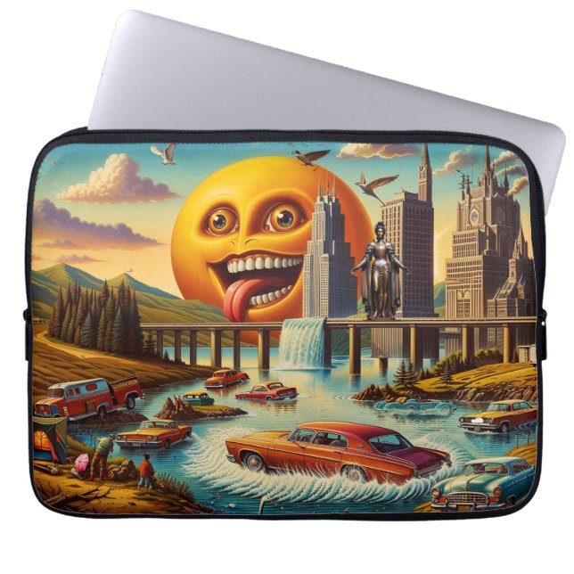 Surrealistisch stadsbeeld met antropomorfe zon laptop sleeve (Voorkant)