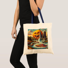 Surrealistisch stadsbeeld met antropomorfe zon tote bag