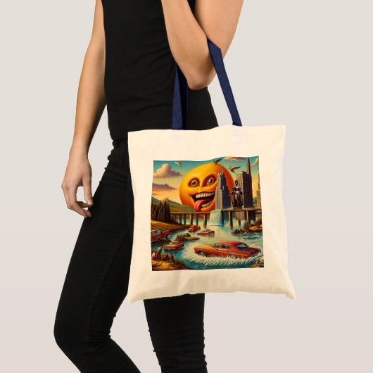 Surrealistisch stadsbeeld met antropomorfe zon tote bag (Voorkant (product))