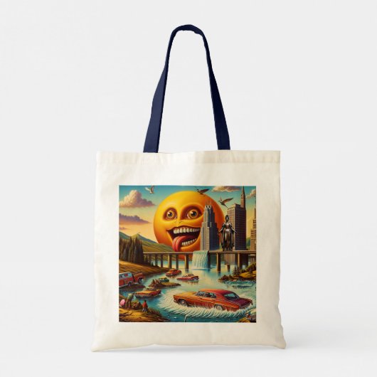 Surrealistisch stadsbeeld met antropomorfe zon tote bag (Achterkant)