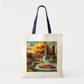 Surrealistisch stadsbeeld met antropomorfe zon tote bag (Voorkant)