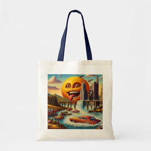 Surrealistisch stadsbeeld met antropomorfe zon tote bag (Voorkant)
