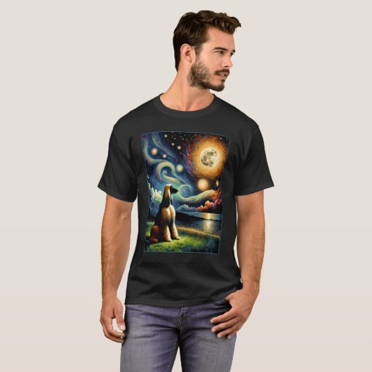 Surrealistisch Sterrennacht Afghan Hound Hondenlie T-shirt (Voorkant volledig)