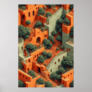 Surrealistisch terras met bomen en trappen poster