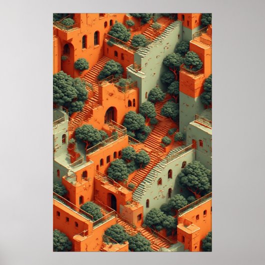 Surrealistisch terras met bomen en trappen poster (Voorkant)