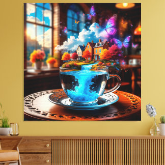 Surrealistisch theekopje scène met kleurrijke huiz canvas afdruk