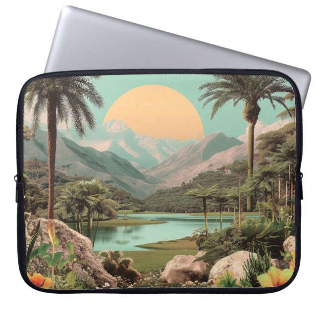 Surrealistisch tropisch meer met palmbomen laptop sleeve (Voorkant)