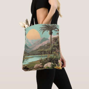 Surrealistisch tropisch meer met palmbomen tote bag