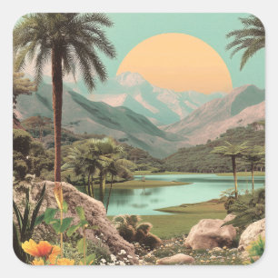 Surrealistisch tropisch meer met palmbomen vierkante sticker