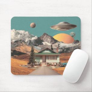 Surrealistisch UFO boven rustieke woning Muismat