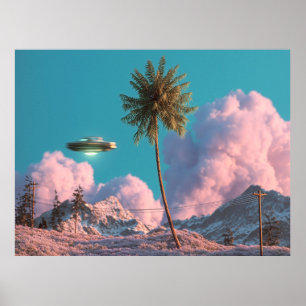 Surrealistisch UFO- en palmbomen berglandschap Poster
