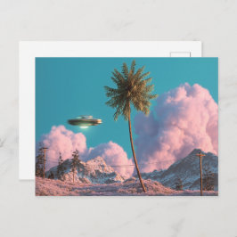 Surrealistisch UFO- en palmbomenberglandschap Briefkaart