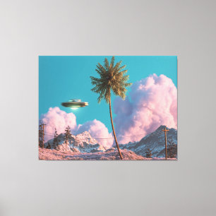Surrealistisch UFO- en palmbomenberglandschap Canvas Afdruk