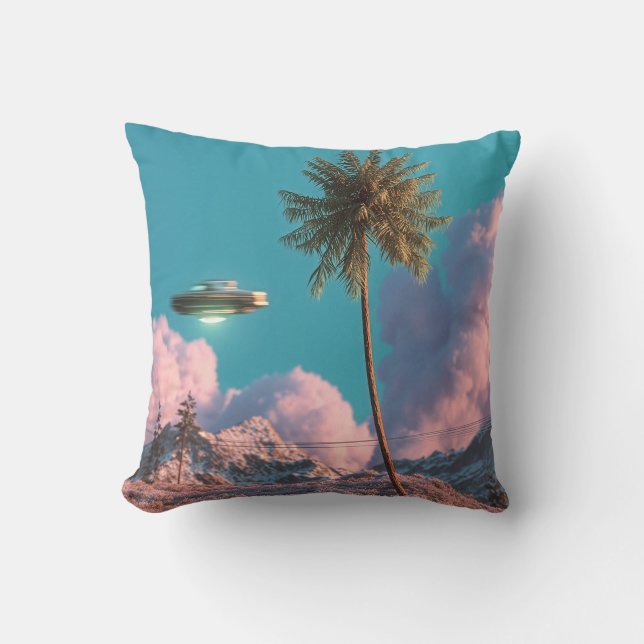 Surrealistisch UFO- en palmbomenberglandschap Kussen (Voorkant)
