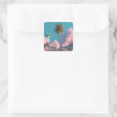 Surrealistisch UFO- en palmbomenberglandschap Vierkante Sticker (Tas)