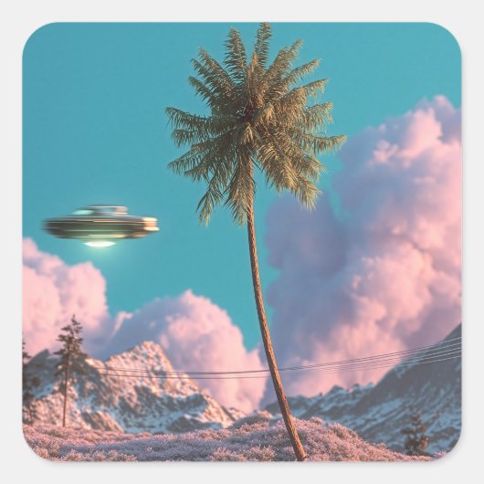 Surrealistisch UFO- en palmbomenberglandschap Vierkante Sticker (Voorkant)