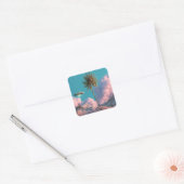 Surrealistisch UFO- en palmbomenberglandschap Vierkante Sticker (Envelop)