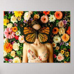 Surrealistisch vlindermasker vrouw in bloementuin poster